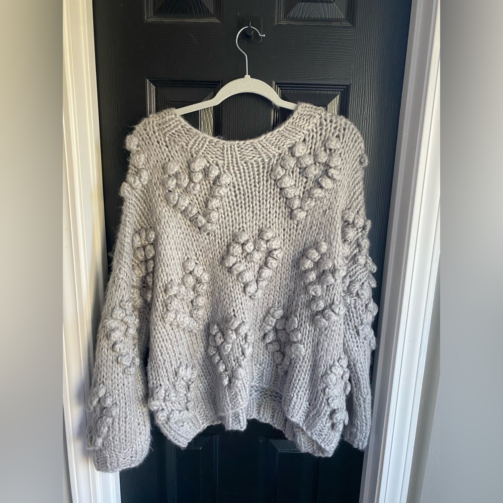 Elenza Gray Heart Knit Pom Pom Sweater-Size L